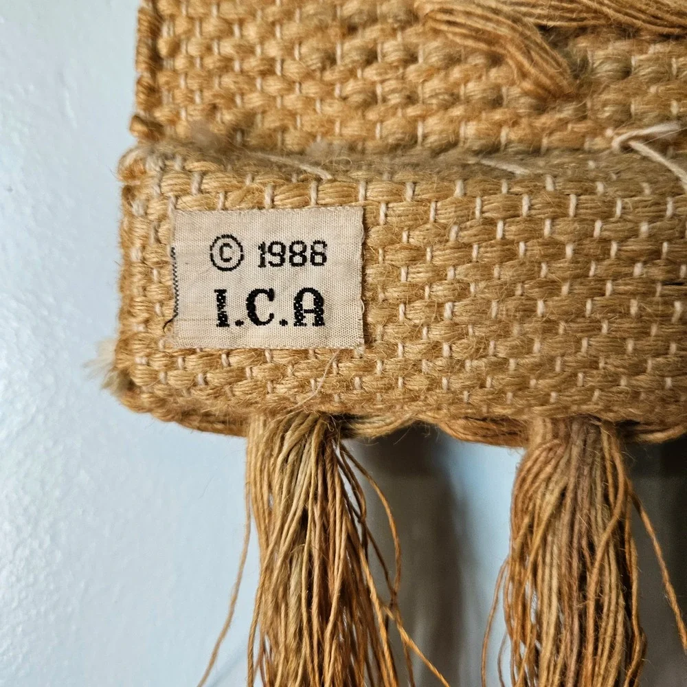 Vintage 1986 ICA Woven Jute Wall Hanging Saguaro Cactus Turquoise Beads Art 80s